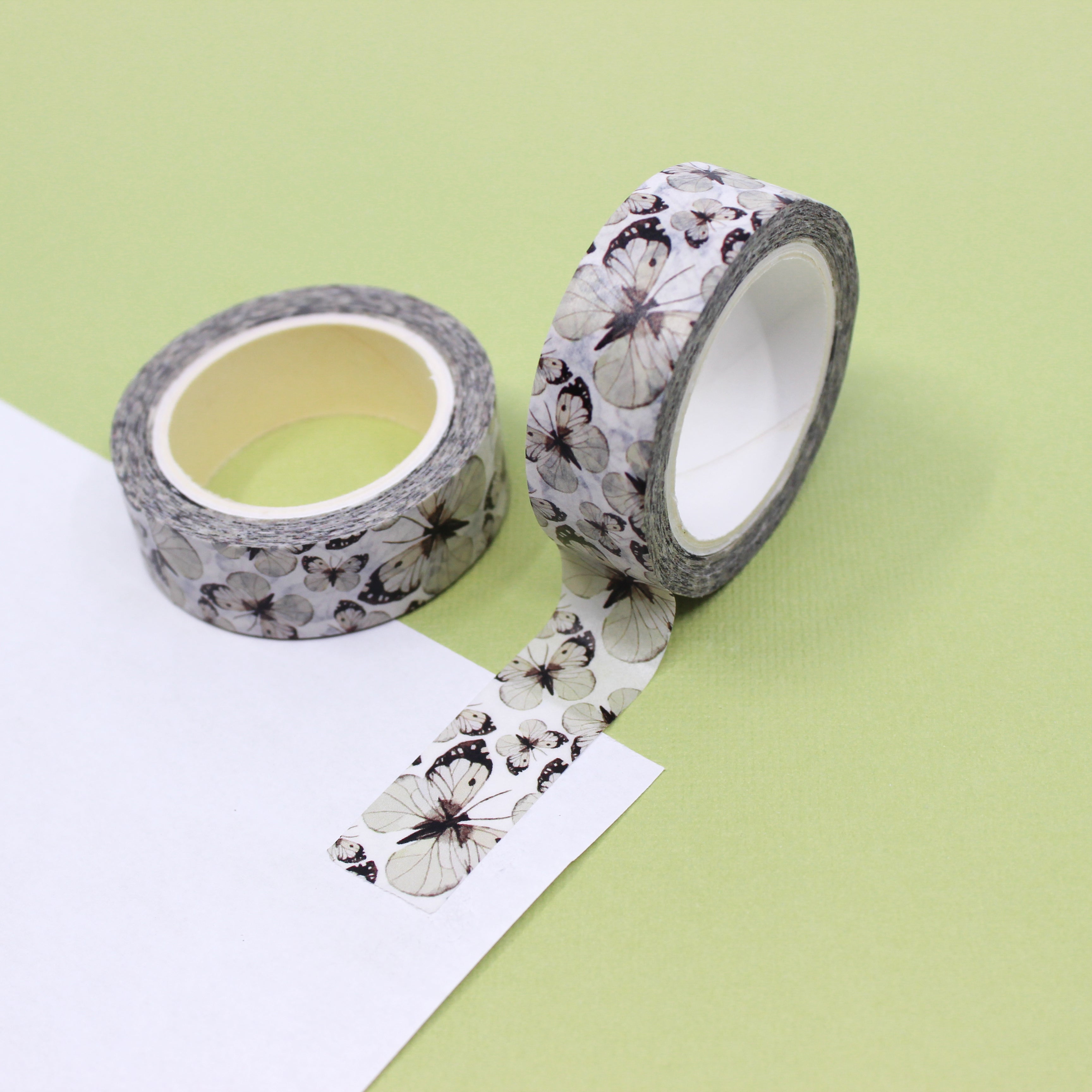 This is a black and white butterflies view themed washi tape from BBB Supplies Craft Shop