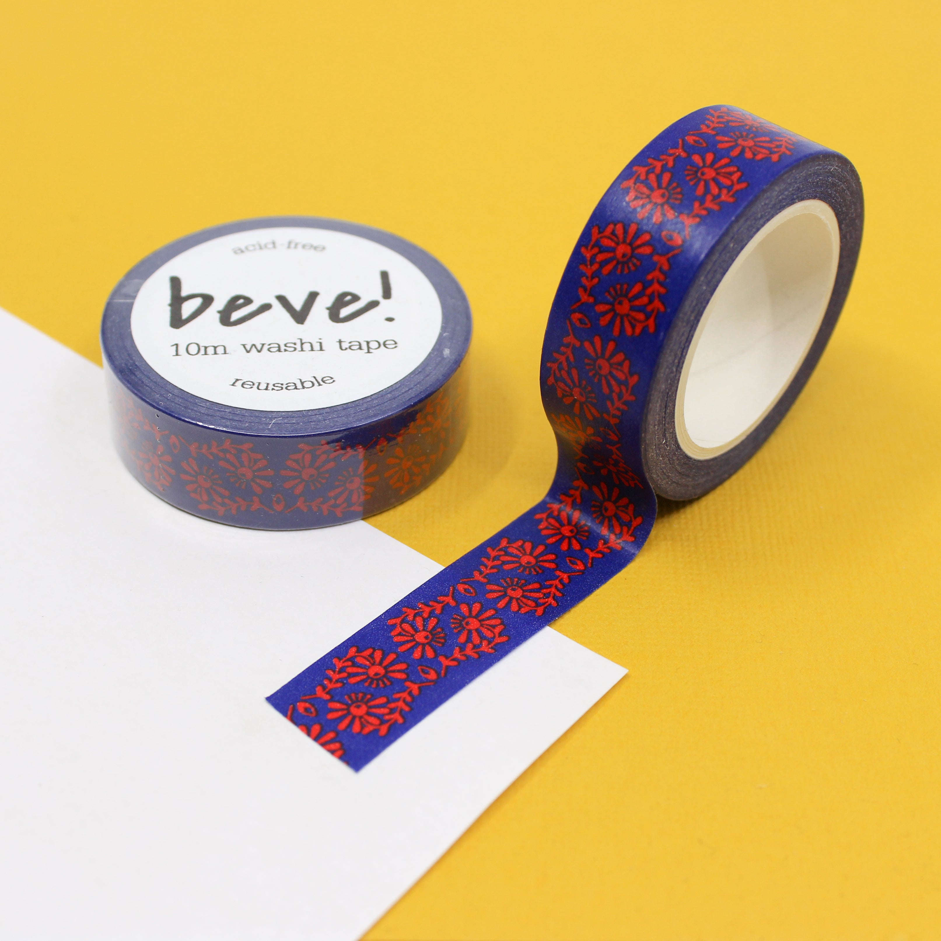 This is a red embroidery on blue foil pattern washi tape from BBB Supplies Craft Shop