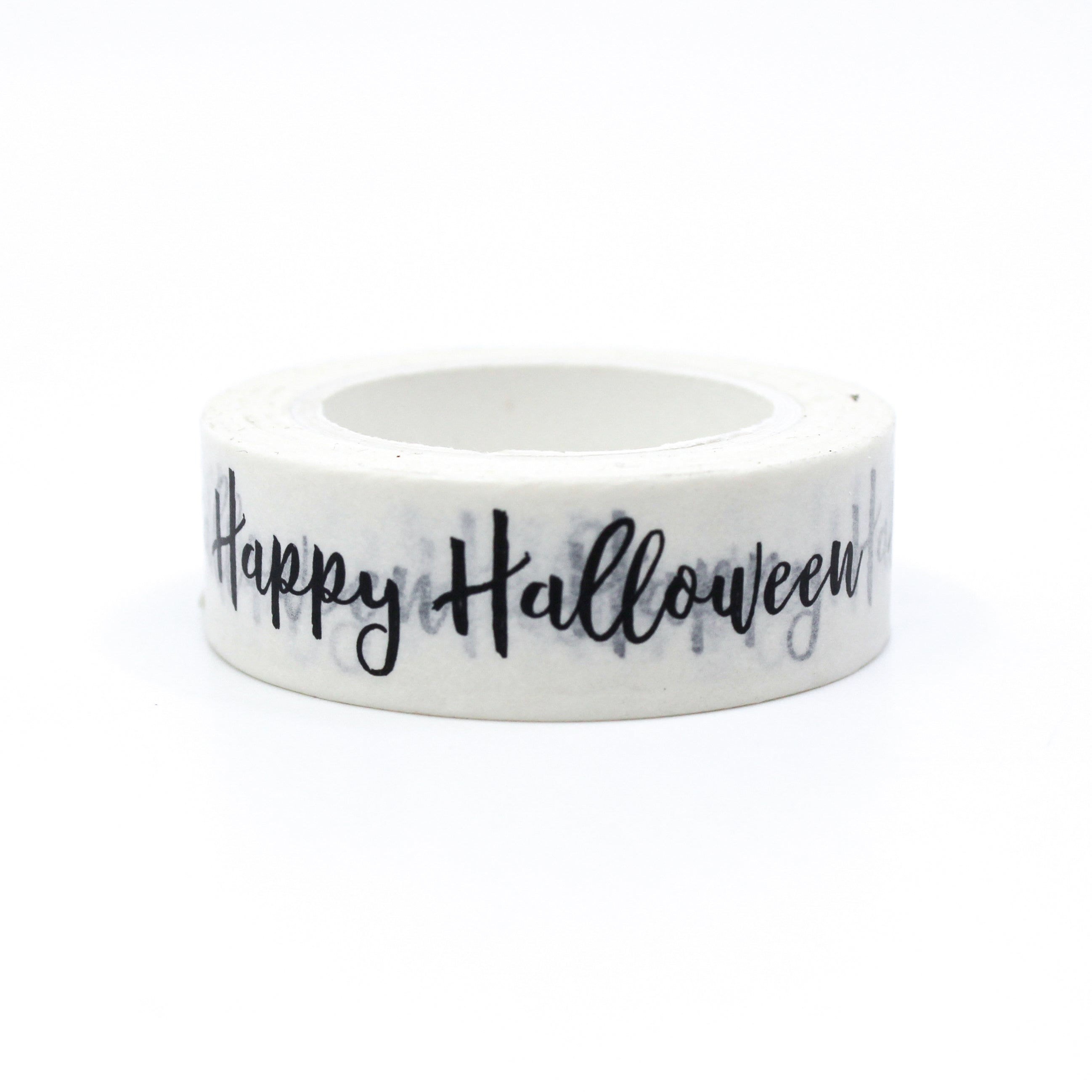 This is black and white Happy Halloween cursive text washi tape from BBB Supplies Craft Shop