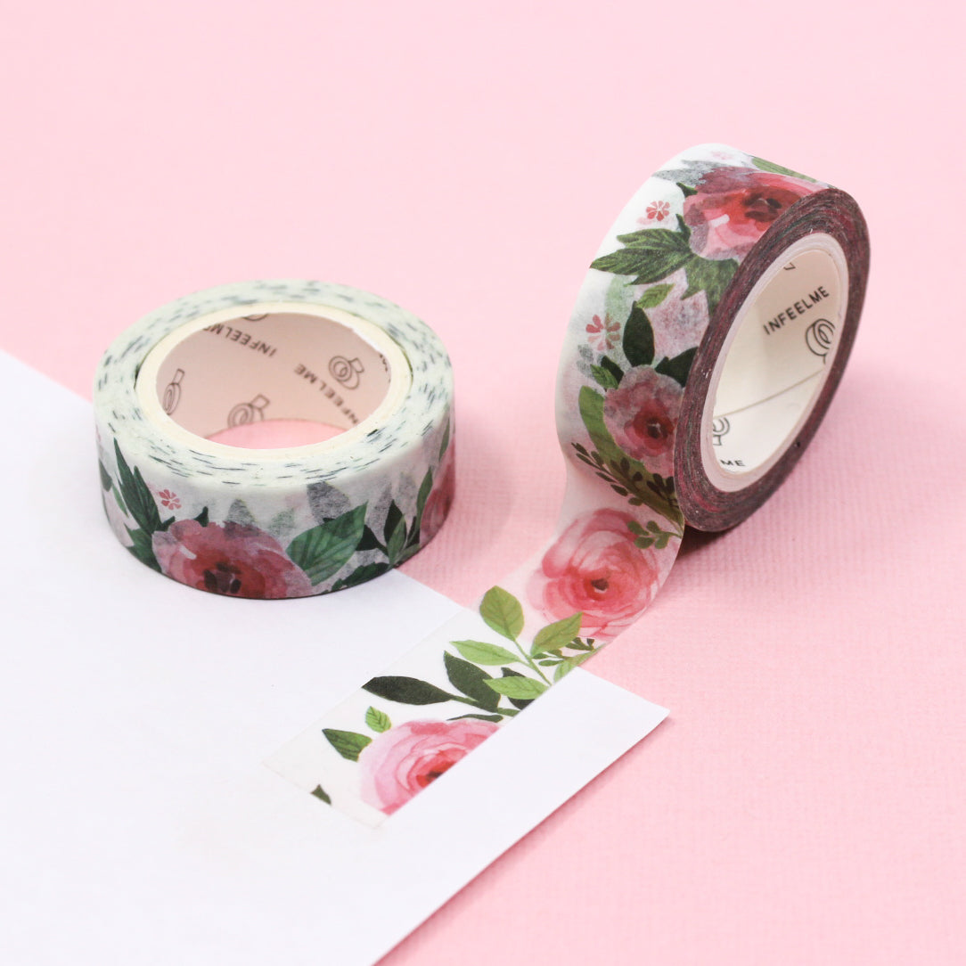 This pretty pink roses and Peony flower tape is a vibrant blooming floral pattern that is perfect for your BUJO and craft projects. Spring is in the air with this gorgeous tape sold at BBB Supplies Craft Shop.