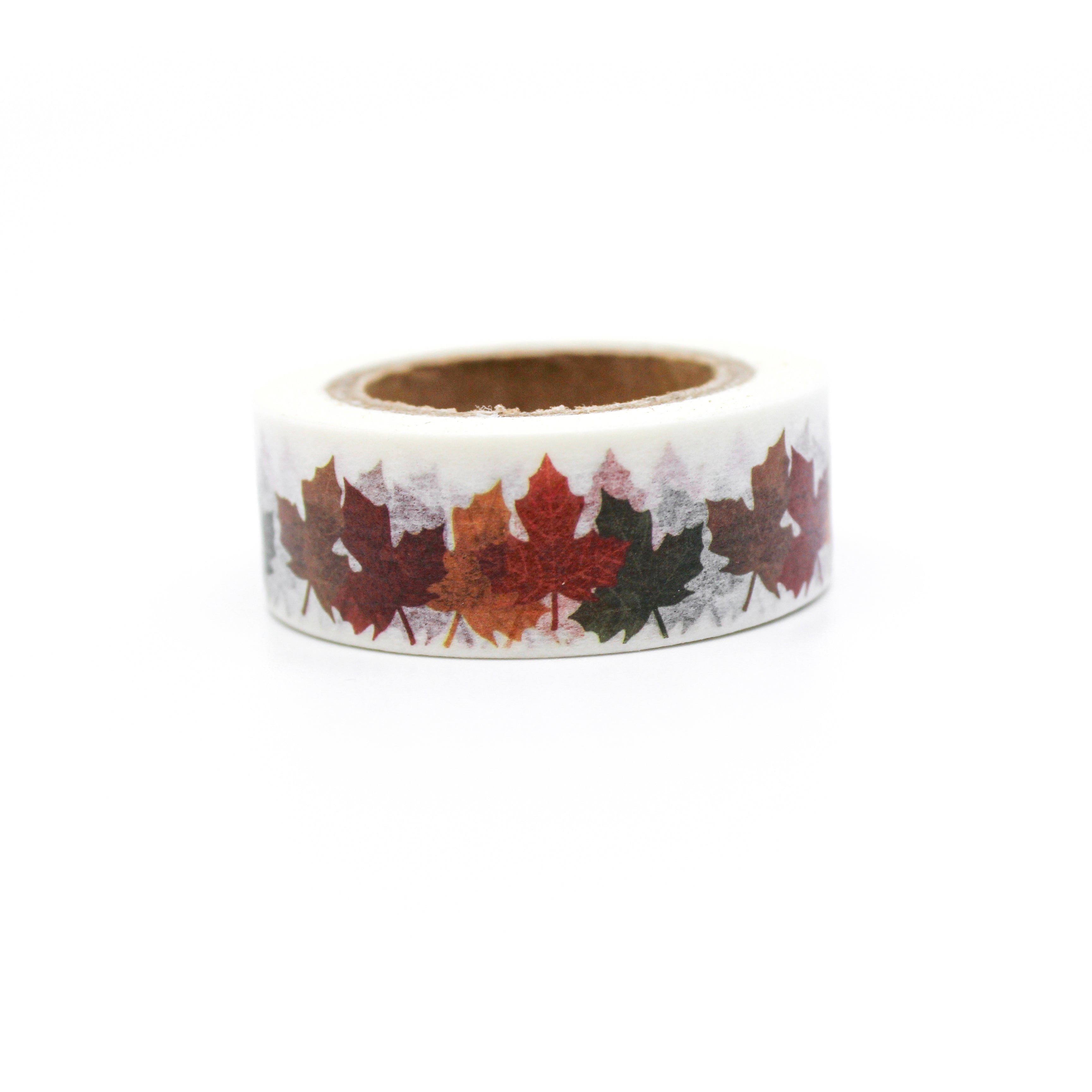 This is a variety colors of fall-themed leaf flower in a white background washi tape from BBB Supplies Craft Shop