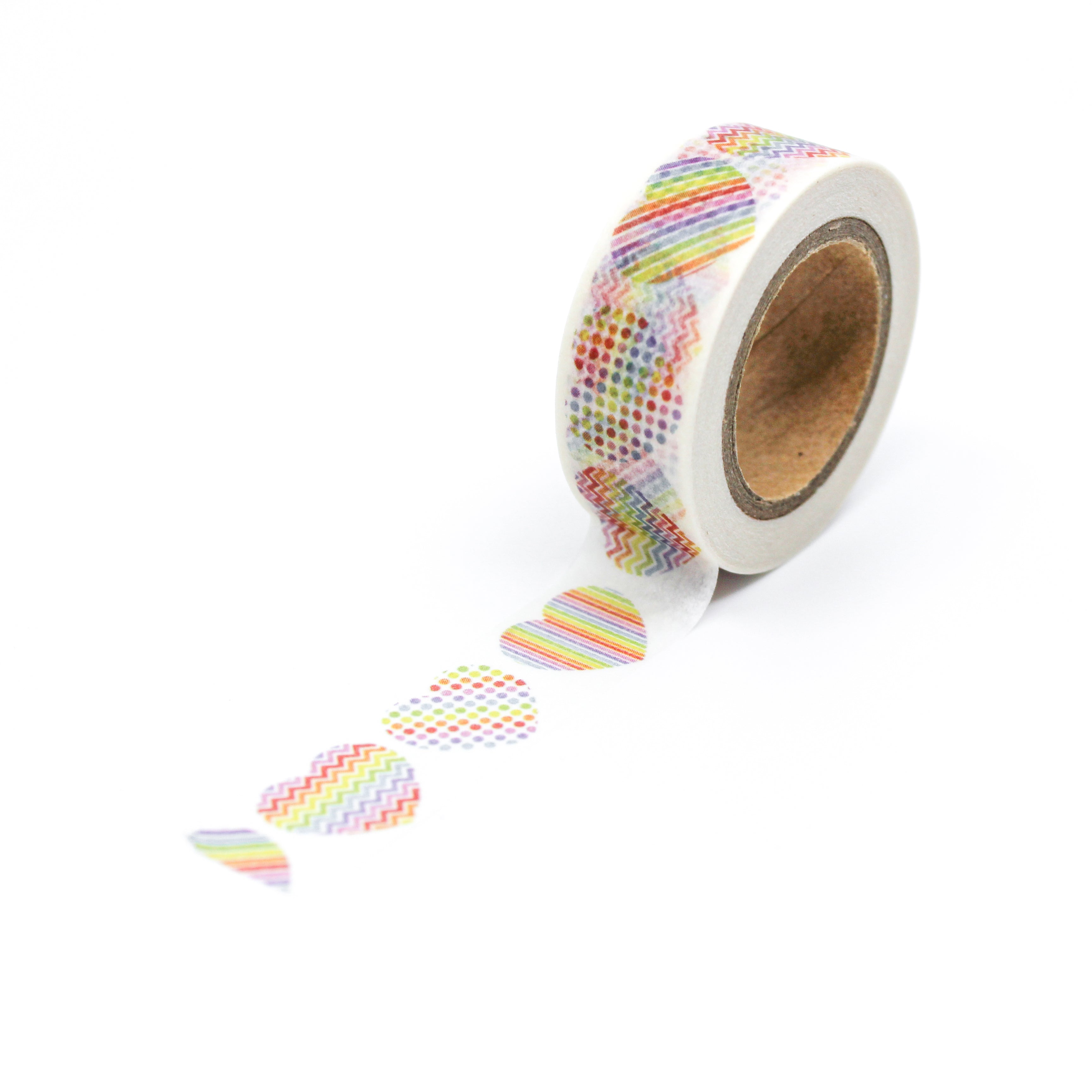 This is a full pattern review view of rainbow color multi hearts washi tape from BBB Supplies Craft Shop