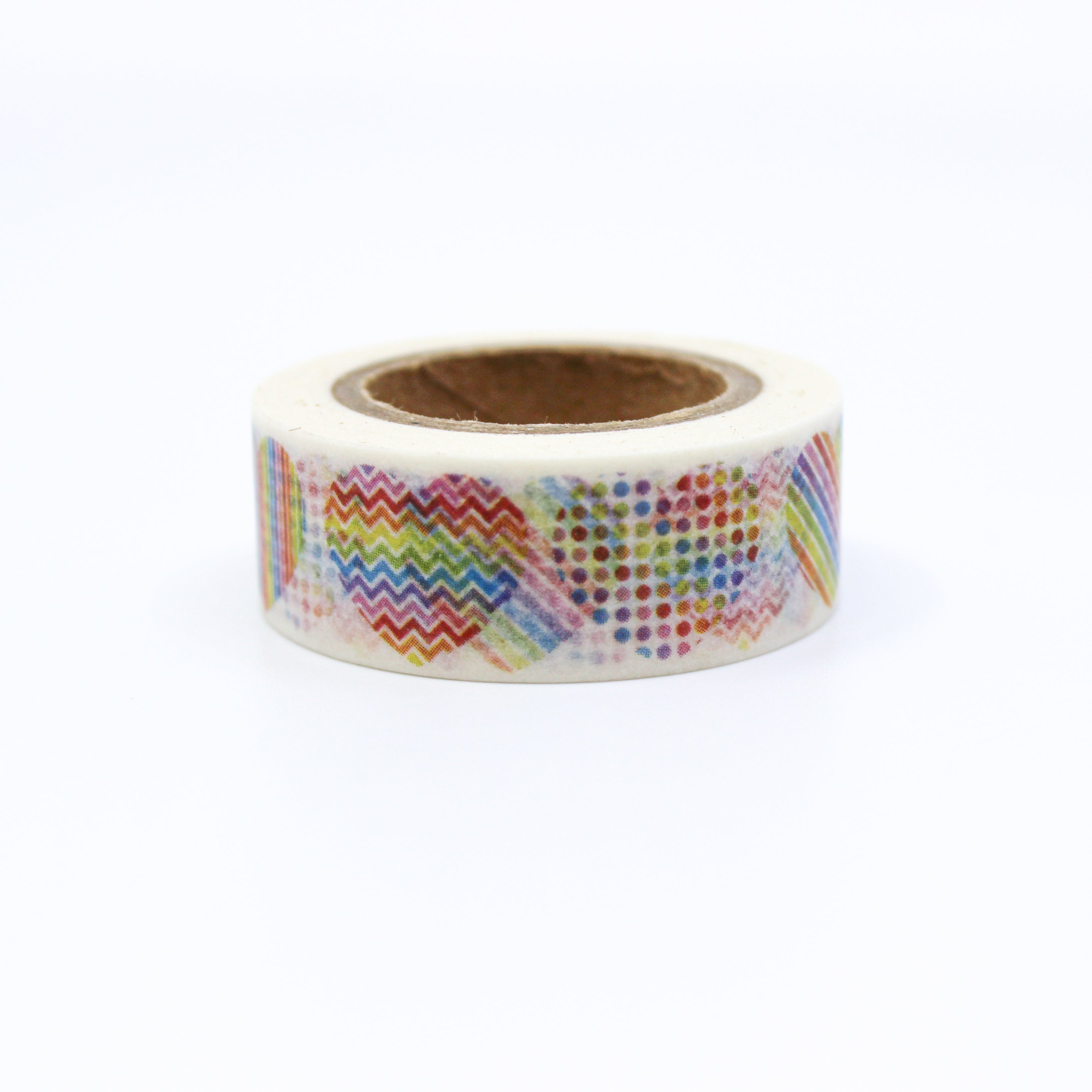 This is a multi color hearts pattern with white background washi tape from BBB Supplies Craft Shop