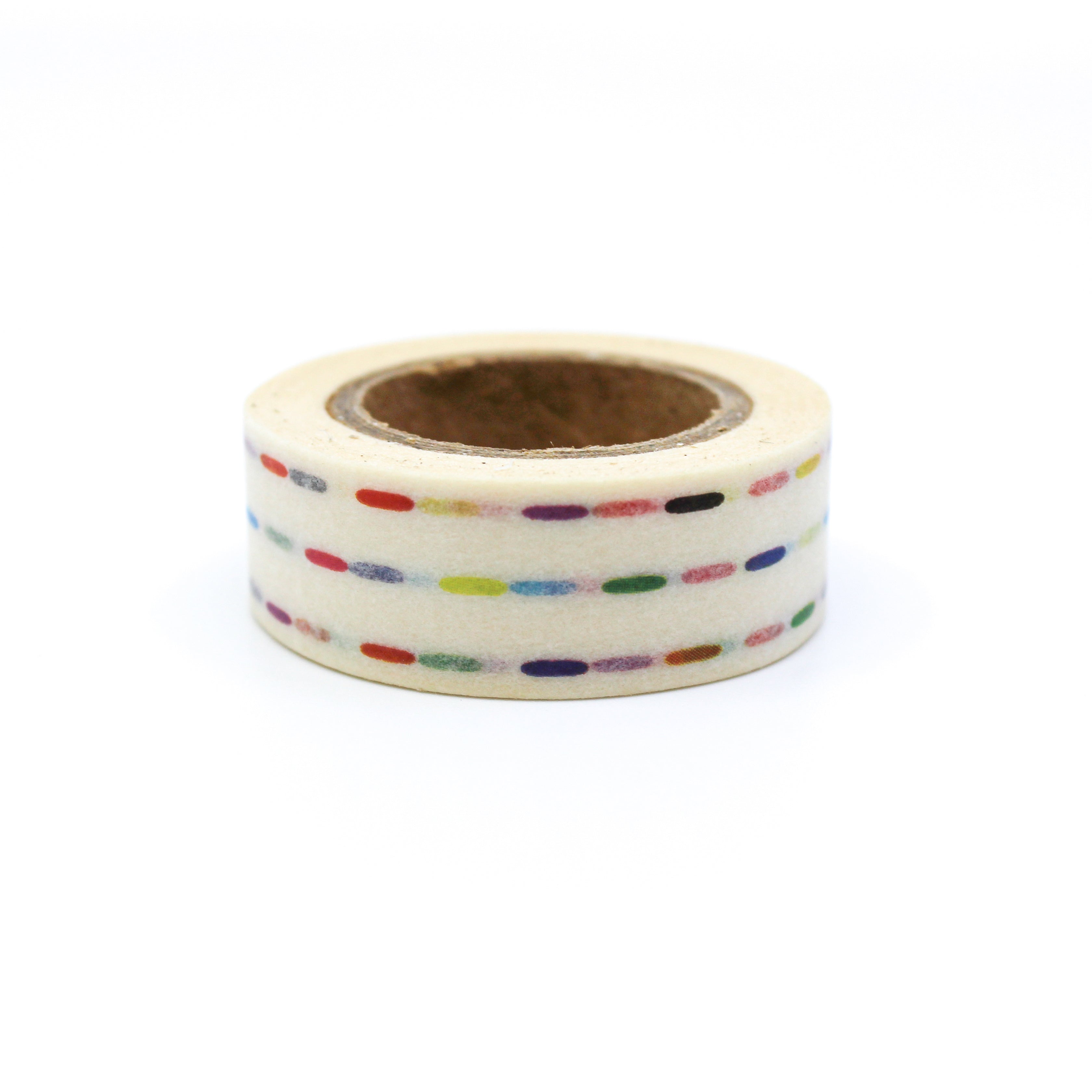 This is a colorful rainbow dashed lines or dots with white background washi tape from BBB Supplies Craft Shop