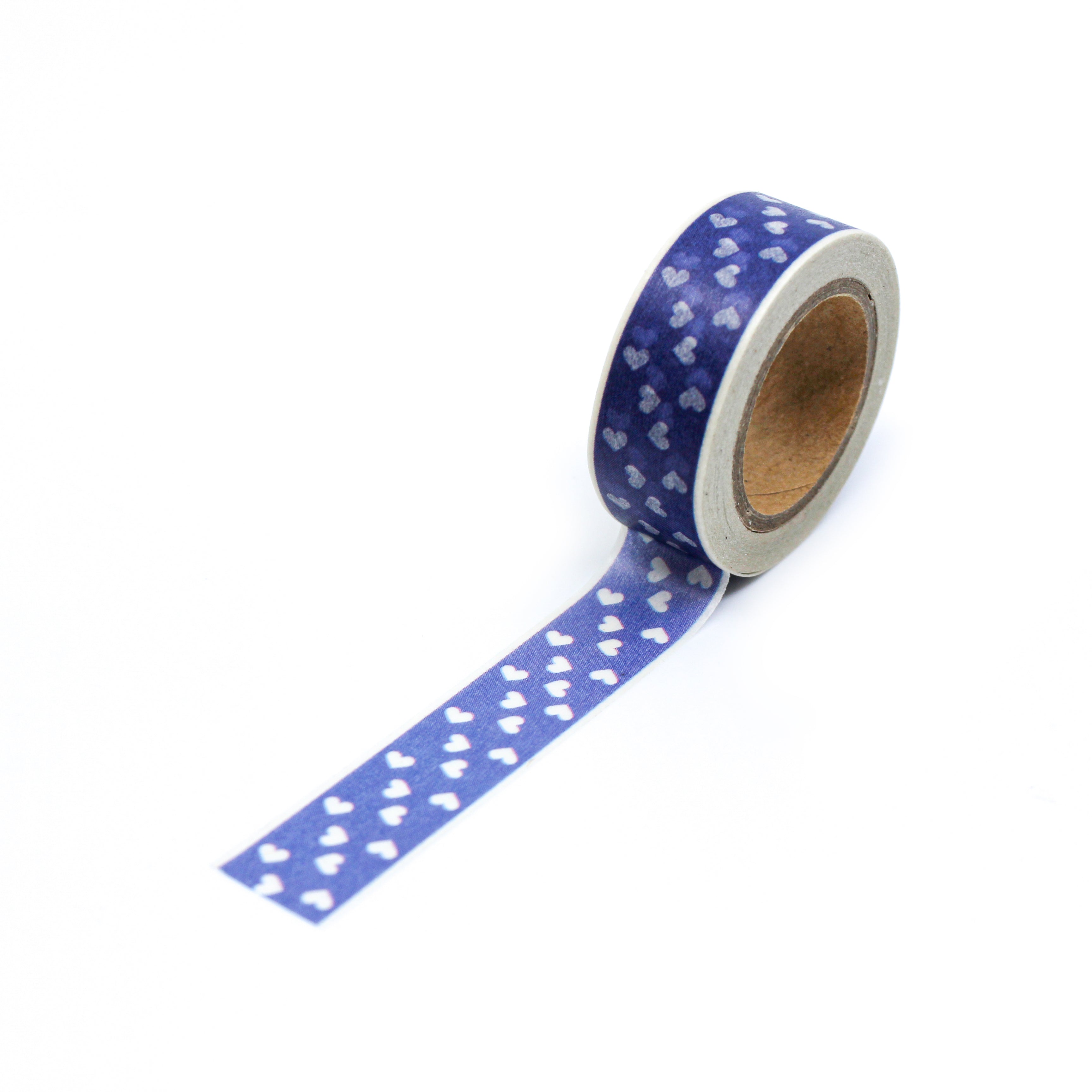 This is a full pattern repeat view of blue multi hearts washi tape BBB Supplies Craft Shop