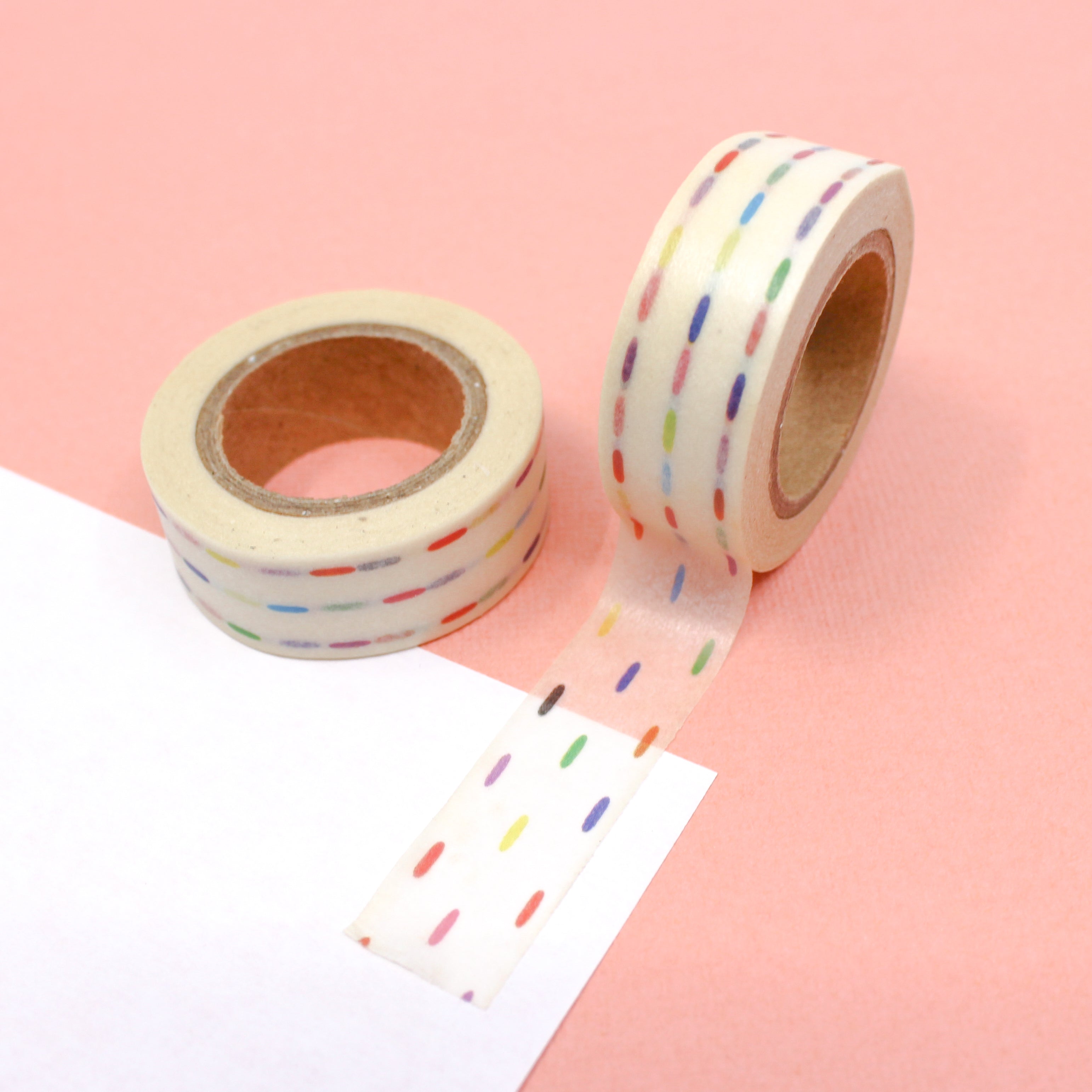 This is a rainbow color dashed lines or dots pattern washi tape from BBB Supplies Craft Shop