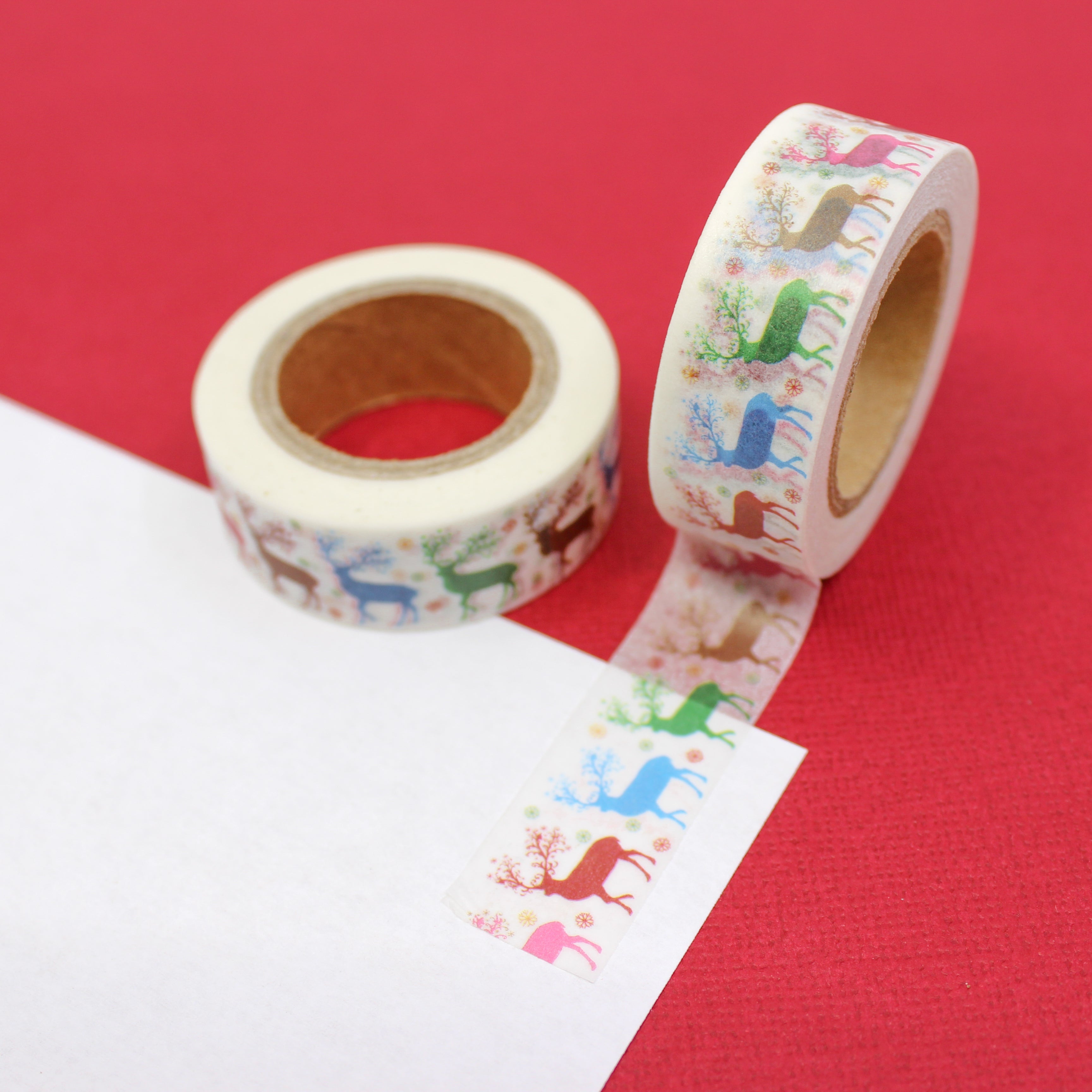This is a colorful standing-up reindeer with snowflakes pattern Washi Tape from BBB Supplies Craft Shop