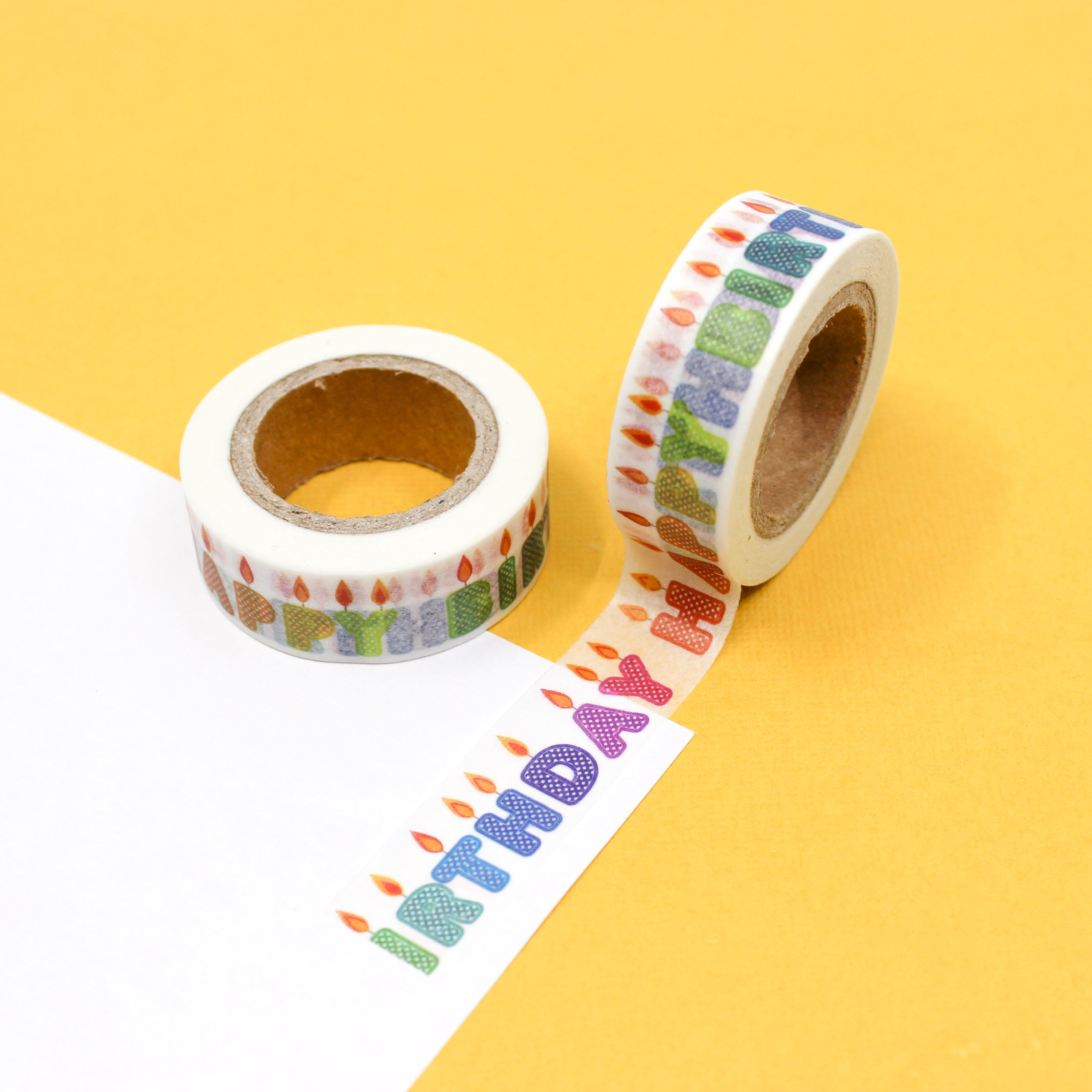 This is Happy Birthday text with candles themed washi tape from BBB Supplies Craft Shop