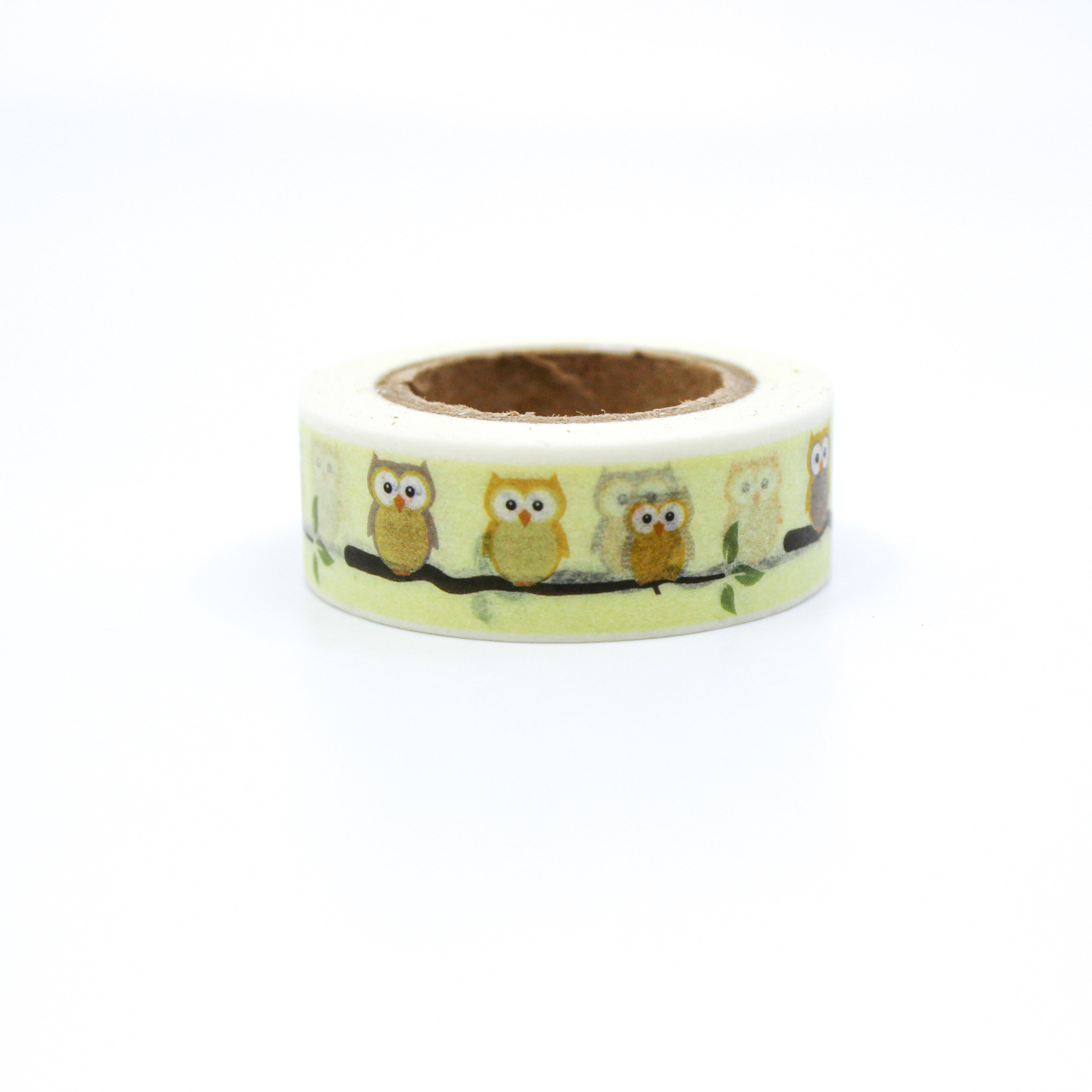 This is a variety of collection of yellow owls on a branch washi tape from BBB Supplies Craft Shop