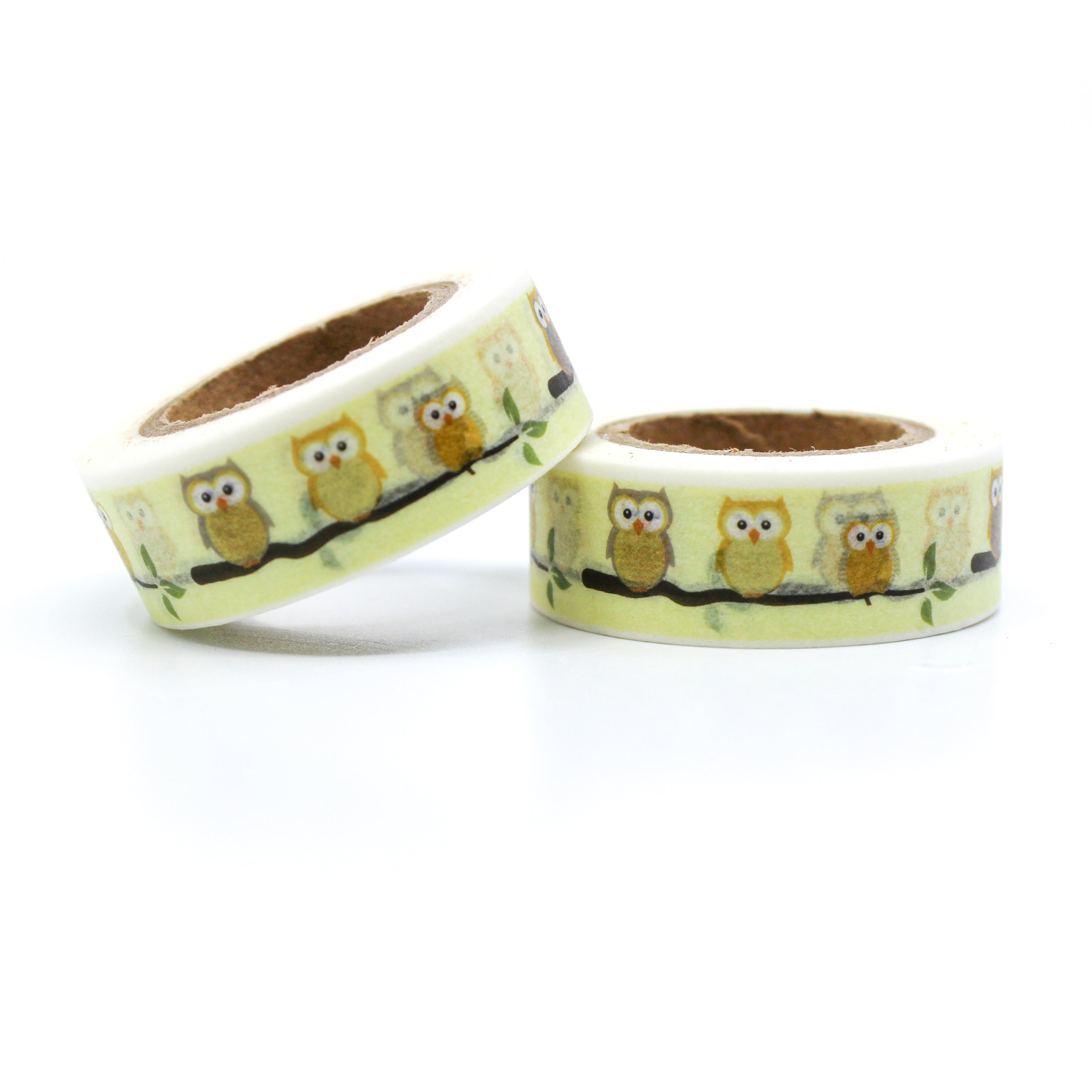 This is a collection of yellow owls on a branch pattern for Journal Supplies, Scrapbooking washi tapes from BBB Supplies Craft Shop