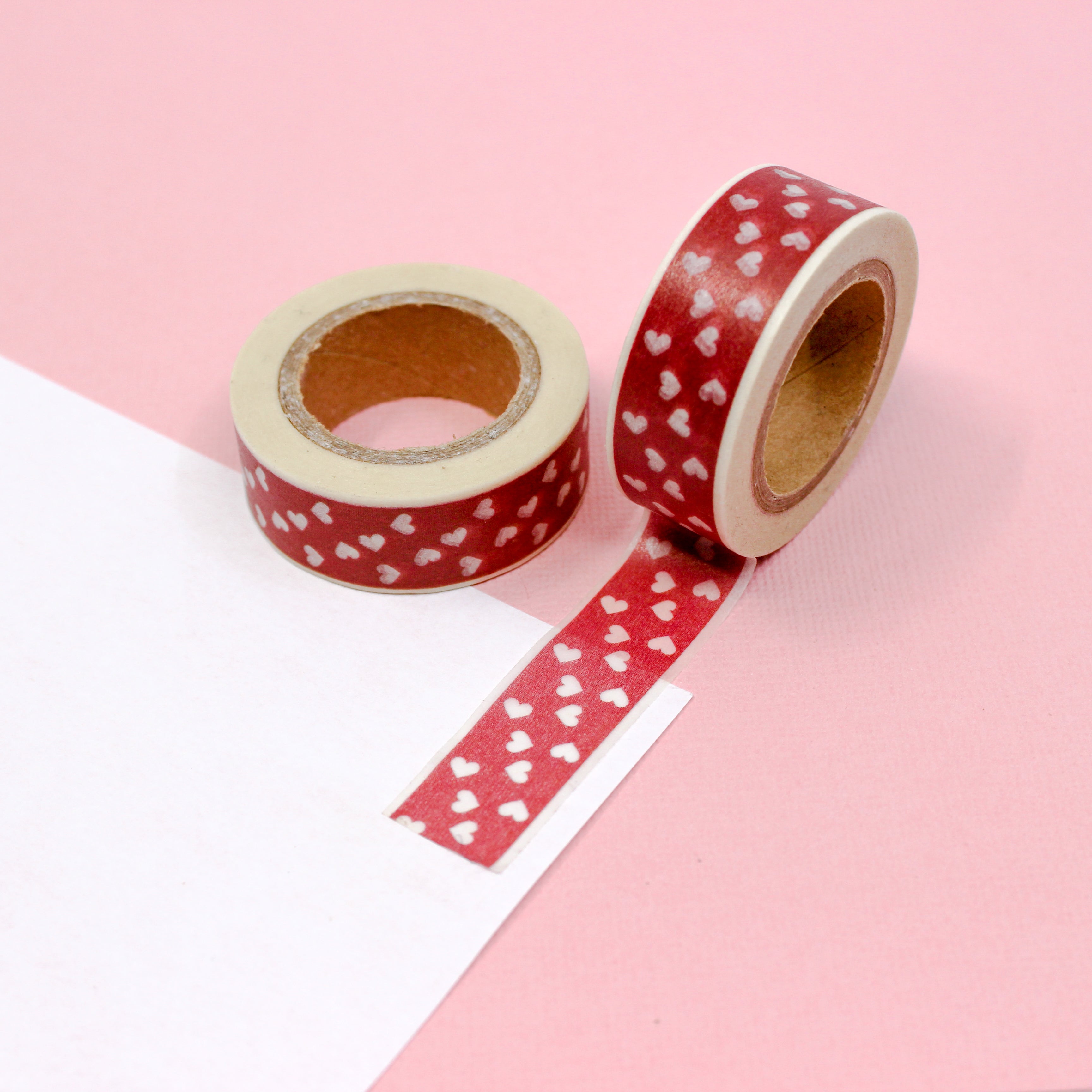 This is a red multi hearts-themed washi tape from BBB Supplies Craft Shop