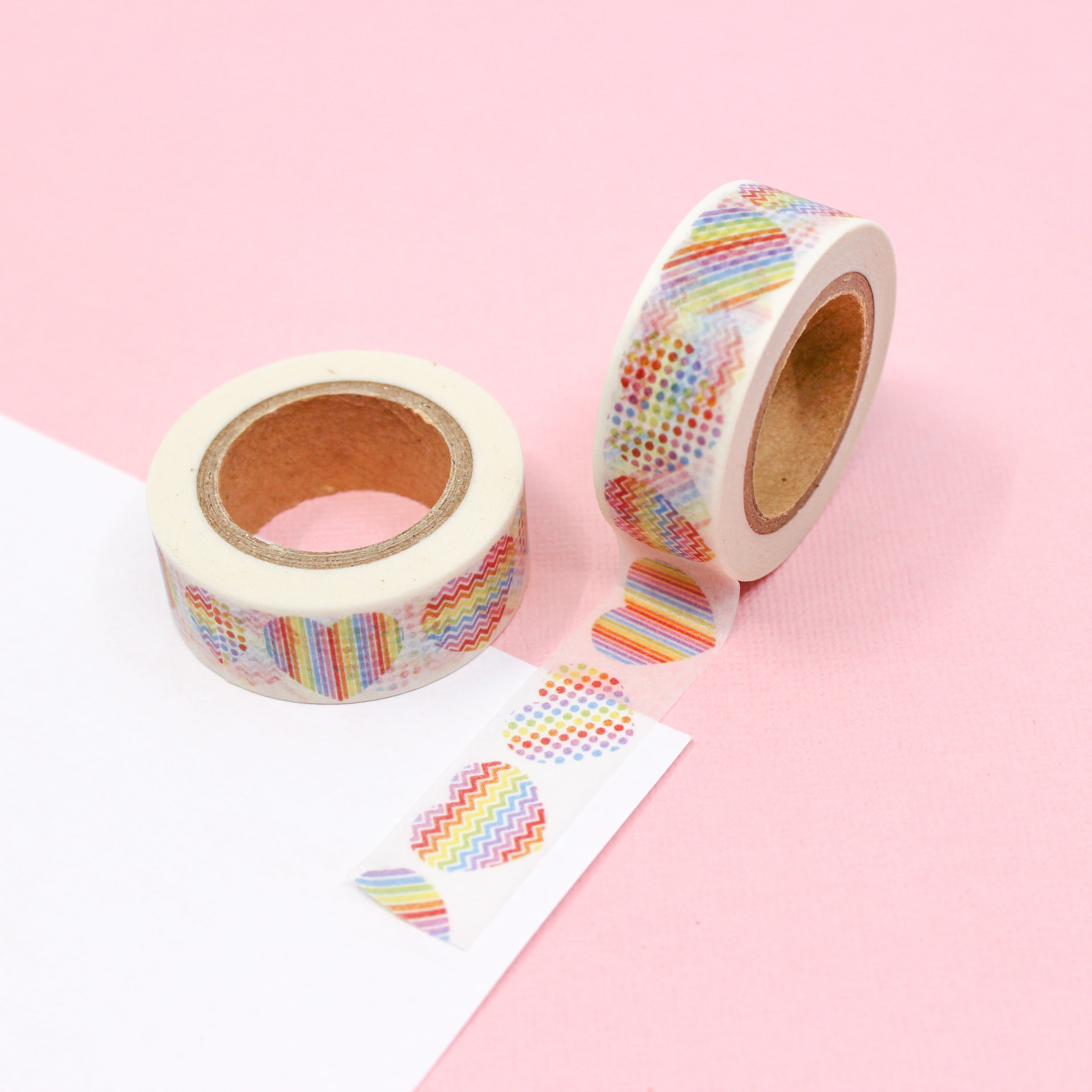 This is a rainbow color multi hearts pattern washi tape from BBB Supplies Craft Shop