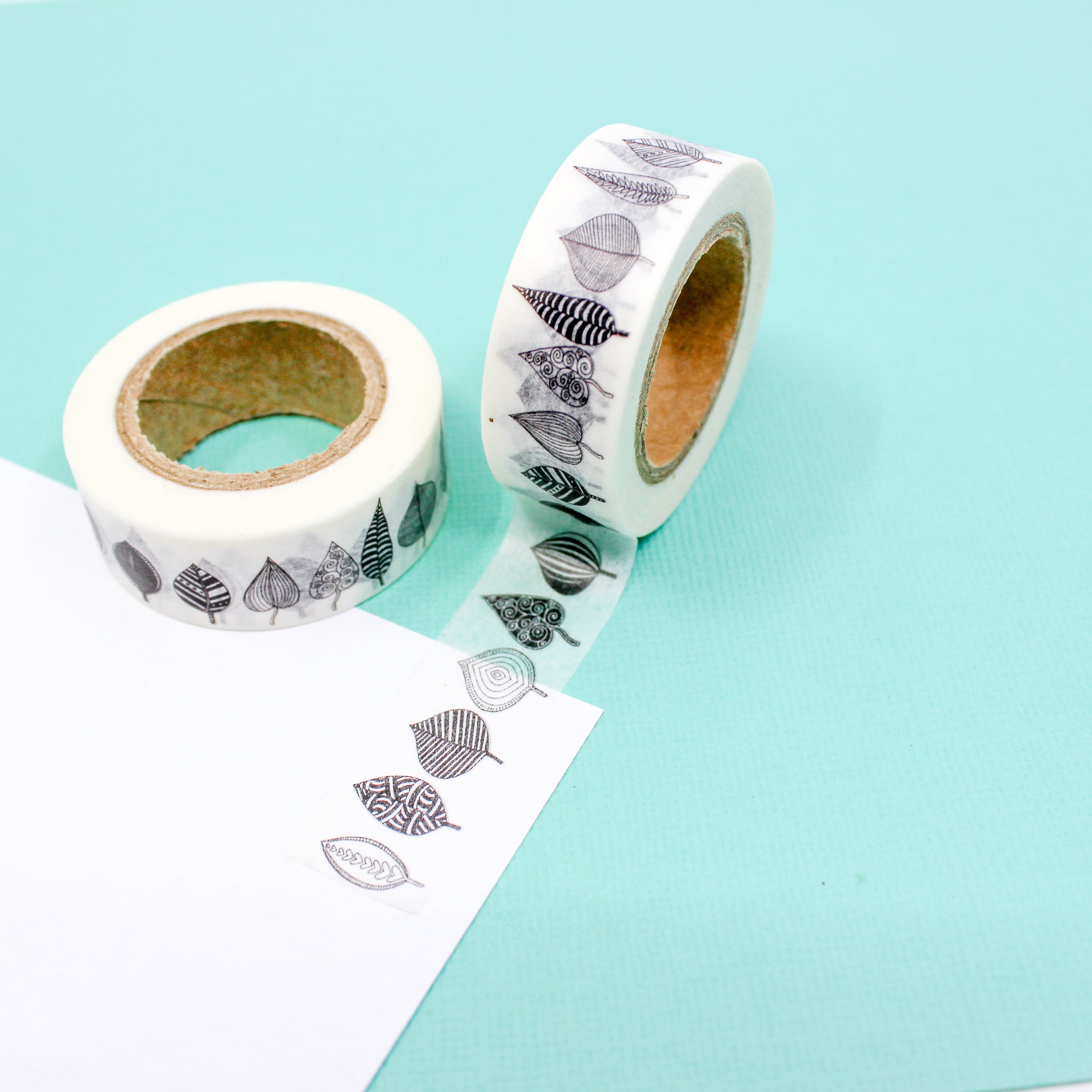 This is a black and white autumn leaf pattern washi tape from BBB Supplies Craft Shop