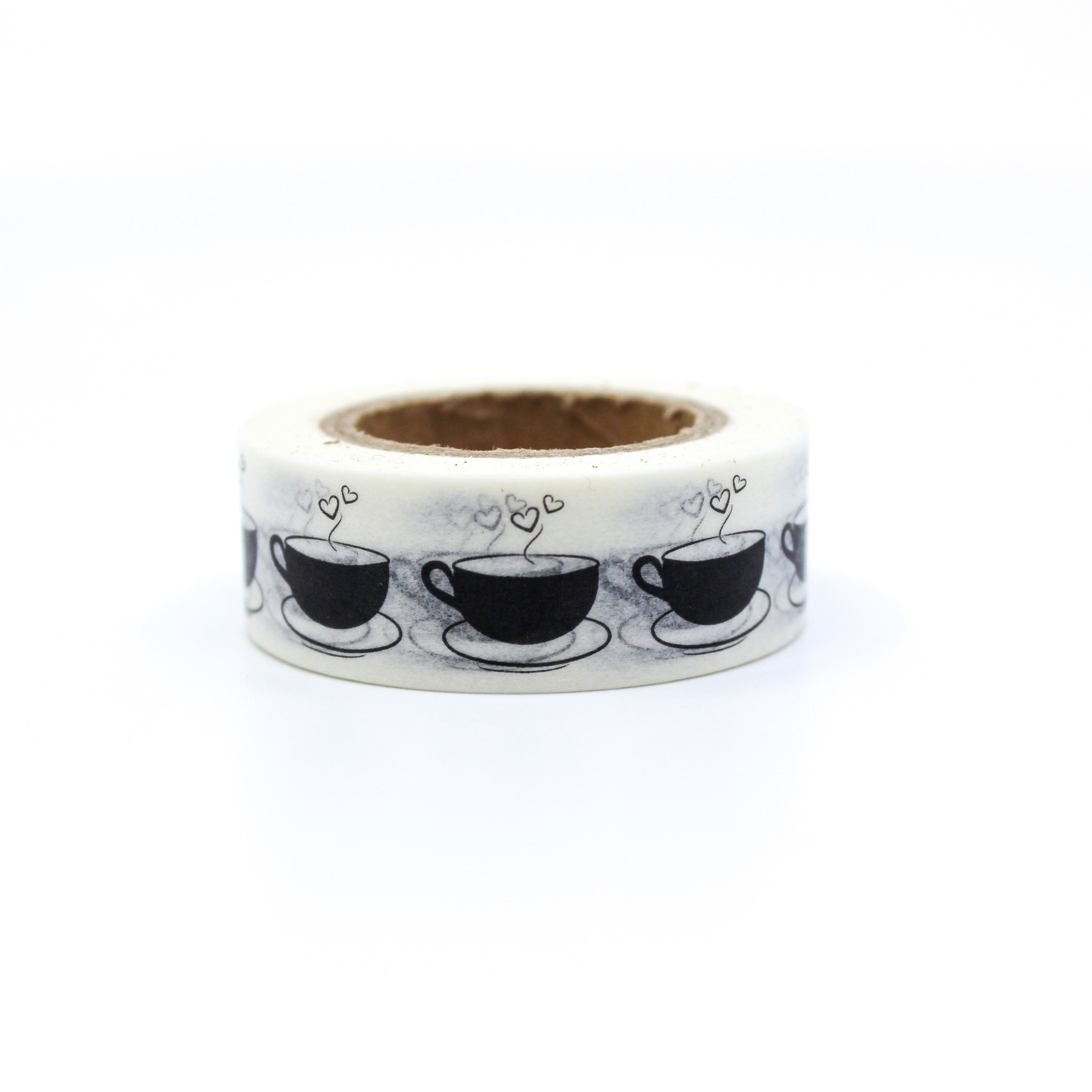 This is a black coffee cups in a white background washi tape from BBB Supplies Craft Shop