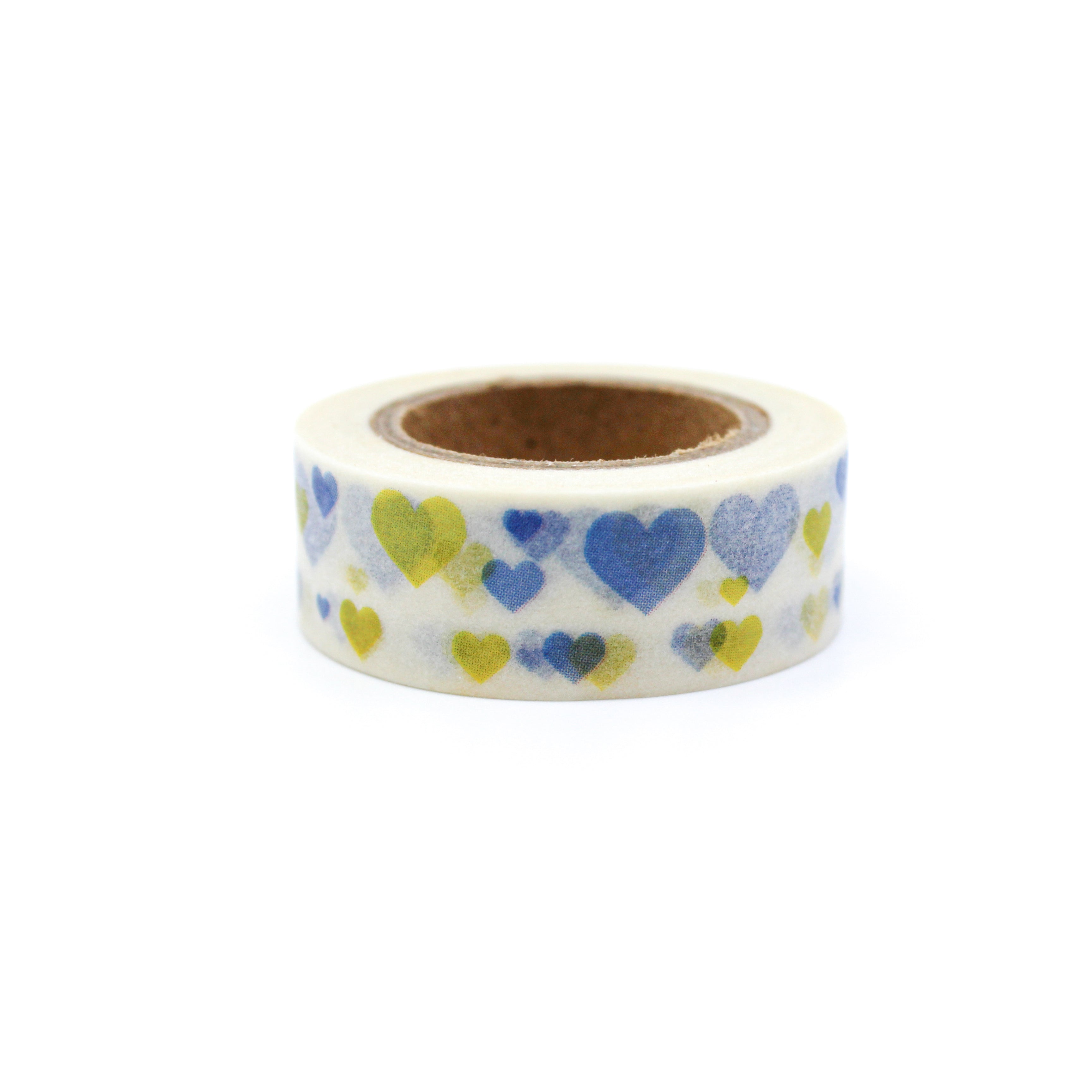 This is a blue and yellow multi hearts in a white background washi tape from BBB Supplies Craft Shop